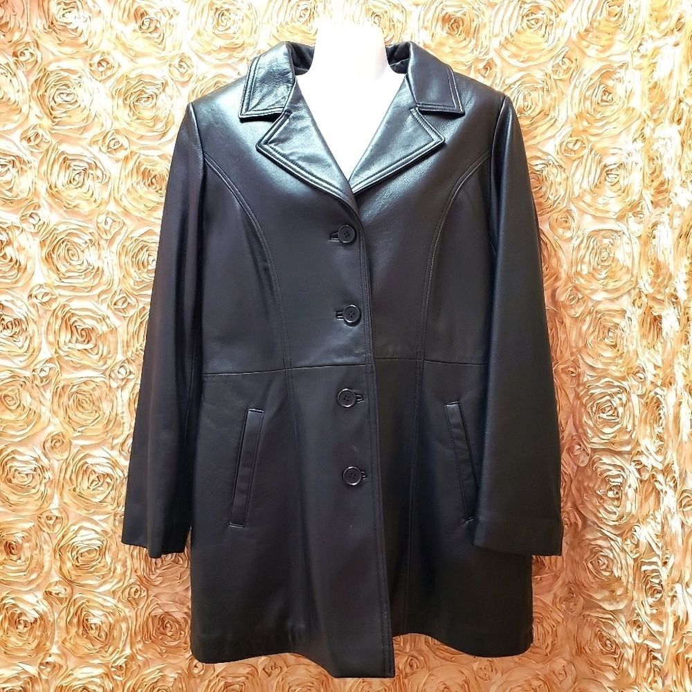 SHARP 💖Black Genuine Leather Jacket Coat   Size M